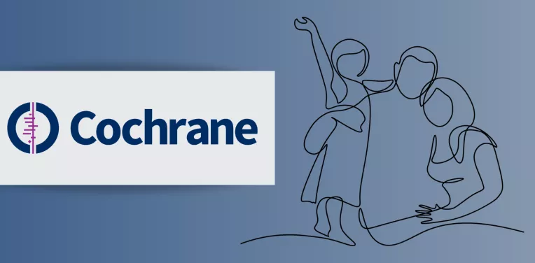 Cochrane logo on a blue gradient background. To the right, a one-line drawing depicts a family embracing.